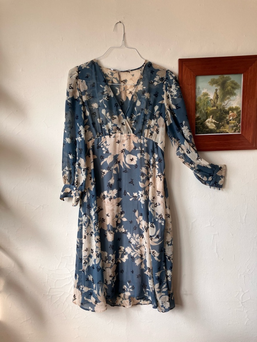 Zara blue & cream floral spring fairy dress sheer vneck long sleeve with slip